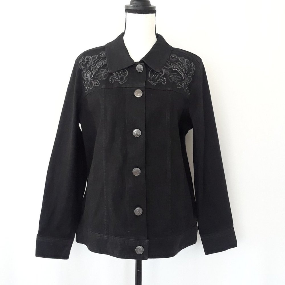 Denim & Co Black Western Embroidered Jean Jacket
